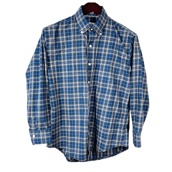 Peter Millar Button Down Shirt Mens M Navy Blue Plaid Cotton Lightweight Preppy - Picture 2 of 8